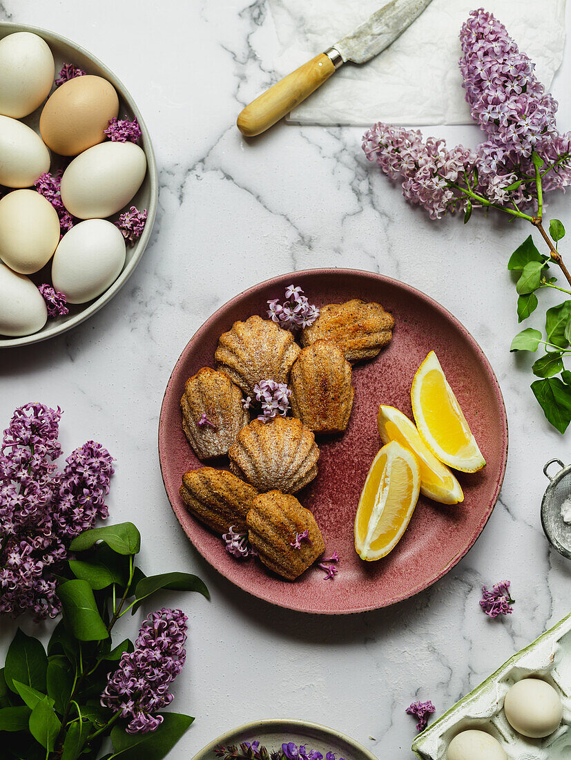 Draufsicht auf leckere Madeleines mit frischen Zitronenstücken und Lavandula-Blüten zwischen Puderzucker im Sieb und Eiern