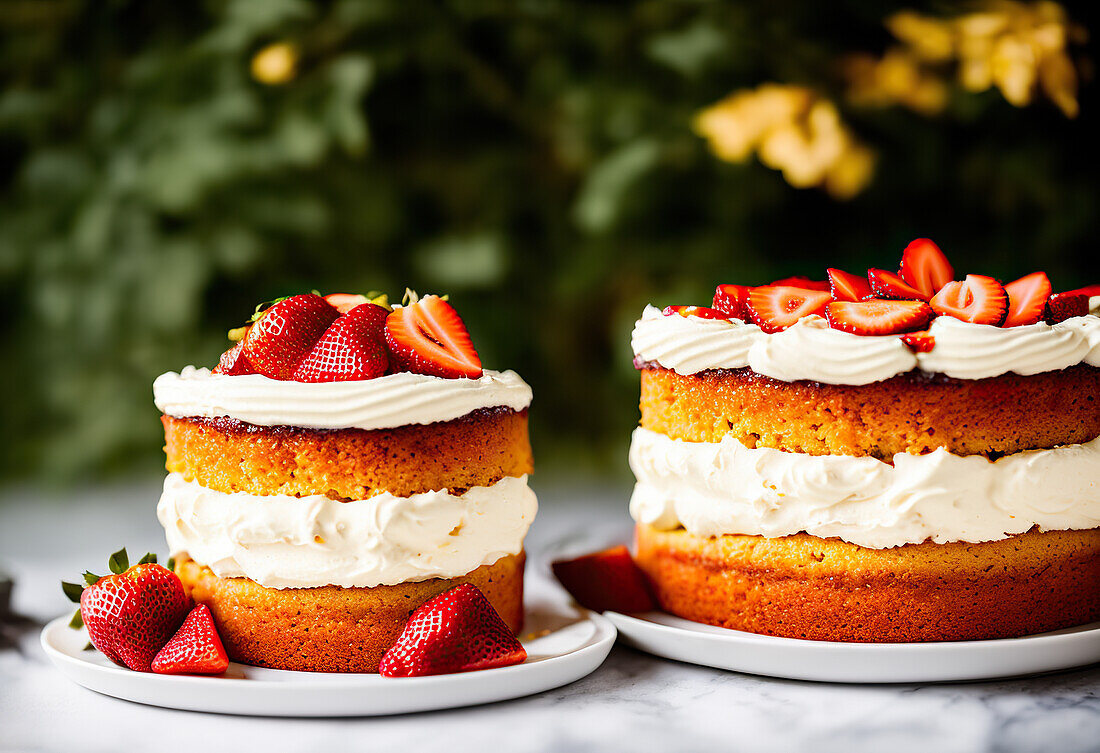 Tasty appetizing homemade biscuit cake with cream and strawberries served on plates against blurred background