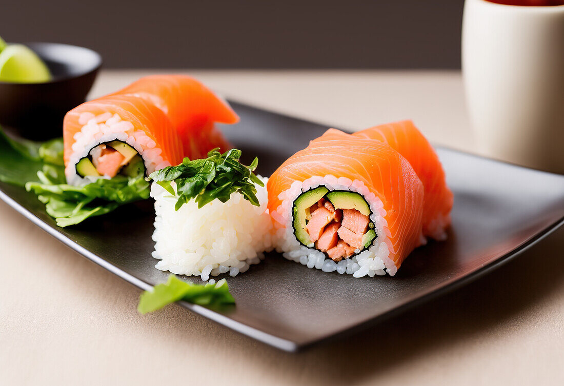 Köstliche Sushi-Rollen mit rohem Lachs, serviert auf einem Salatblatt auf einem Keramikteller
