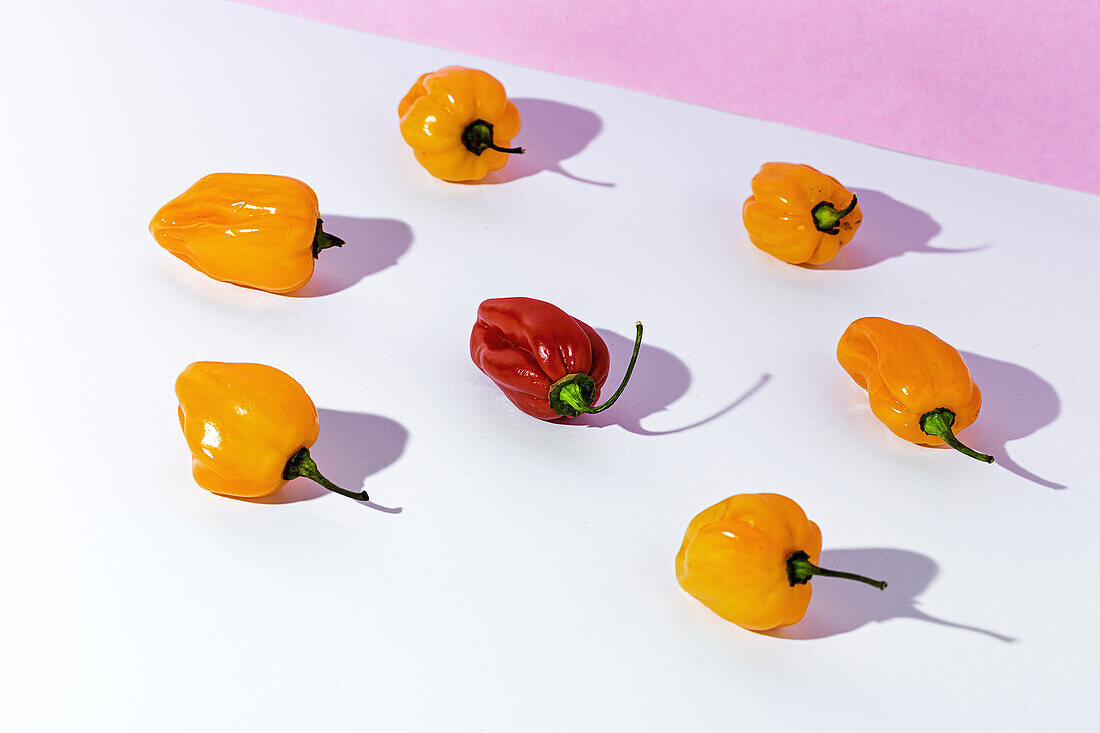 From above of one ripe yellow pepper placed among many red peppers on white table in studio