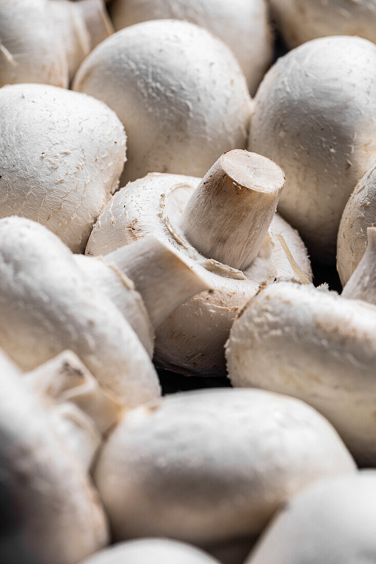 Many raw white mushrooms placed close to each other as background