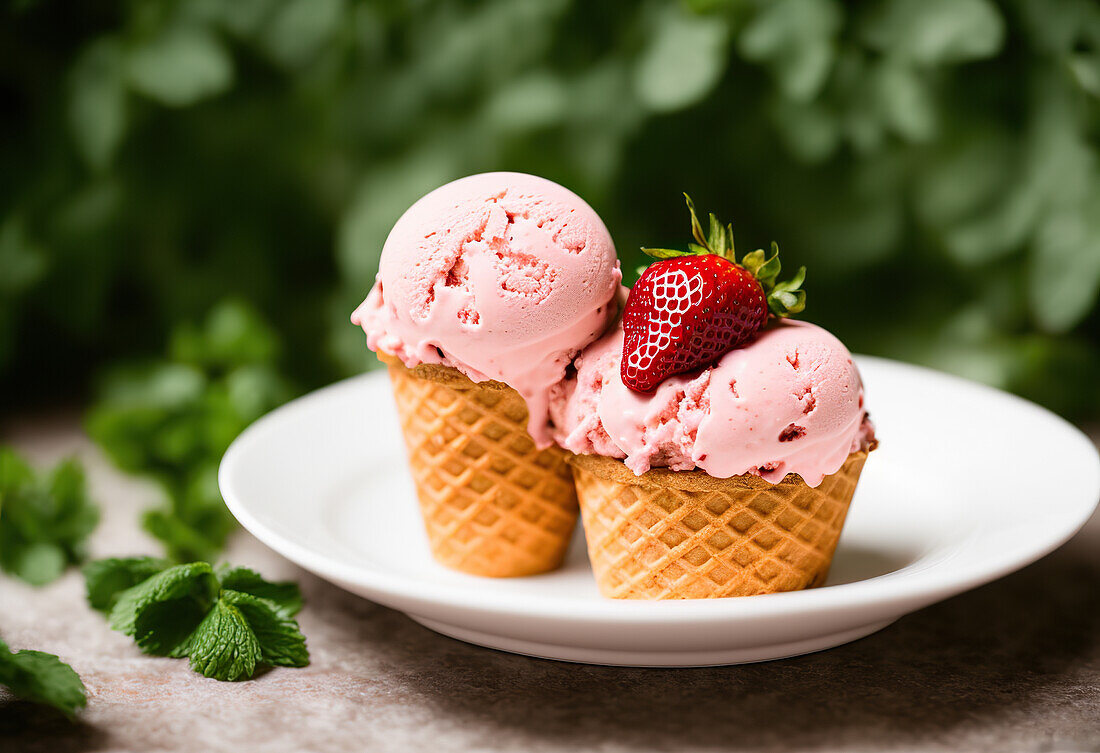 Yummy pink ice cream scoops with waffle cones placed on table on blurred background