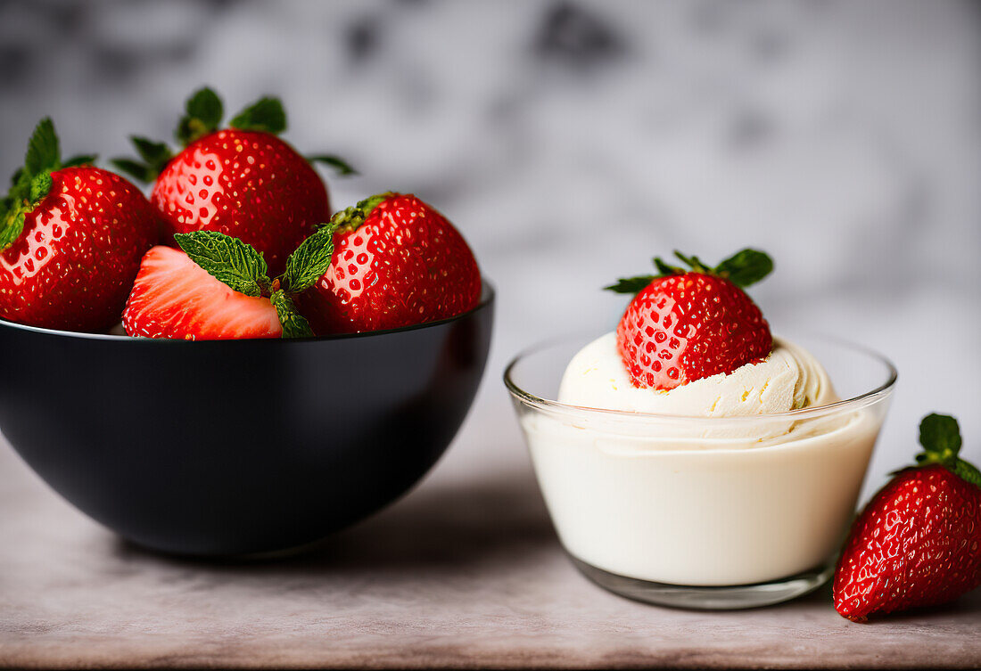 Appetizing red ripe strawberries with white cream in bowl placed on table against blurred background