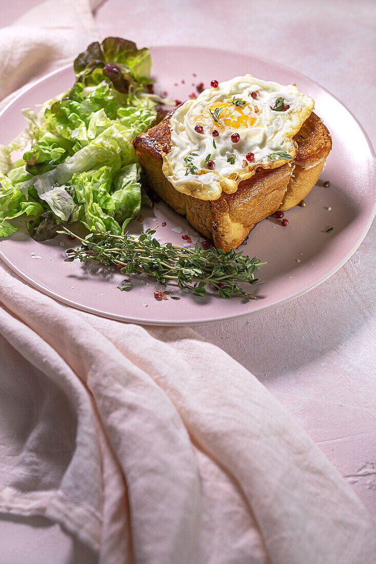 High angle of fried egg on brioche served on plate with fresh lettuce for appetizing breakfast on pink background