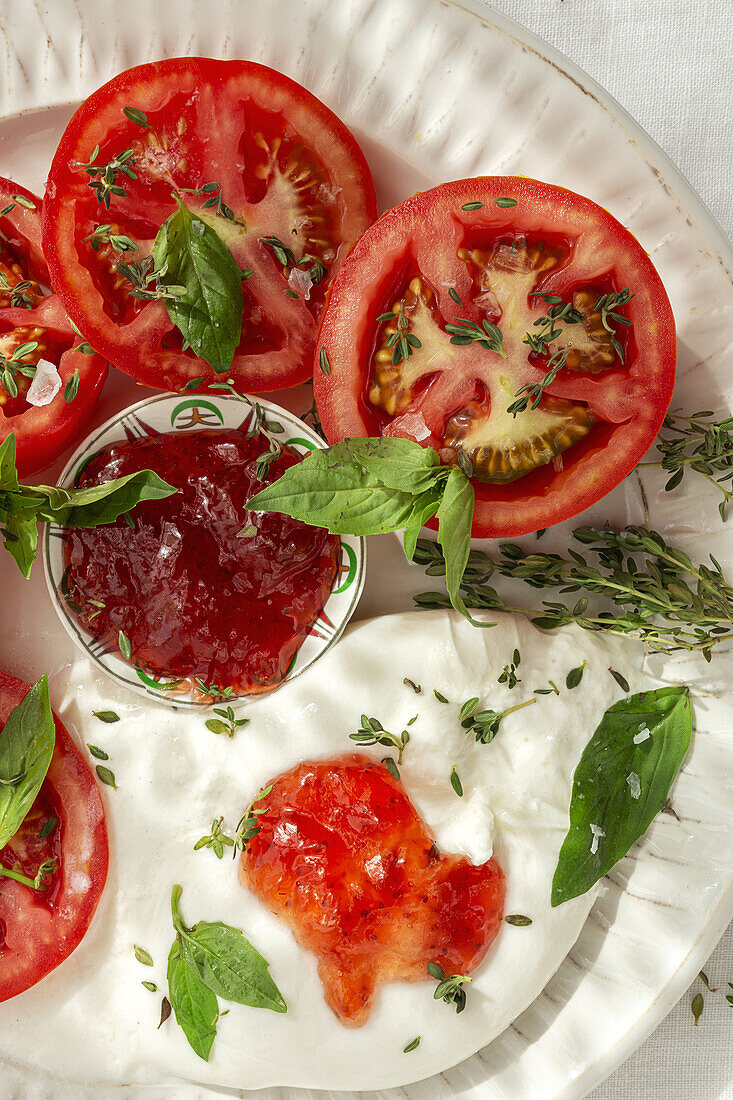 Top view of slices of fresh tomato and mozzarella cheese with sauce and herbs served on plate on table in daylight