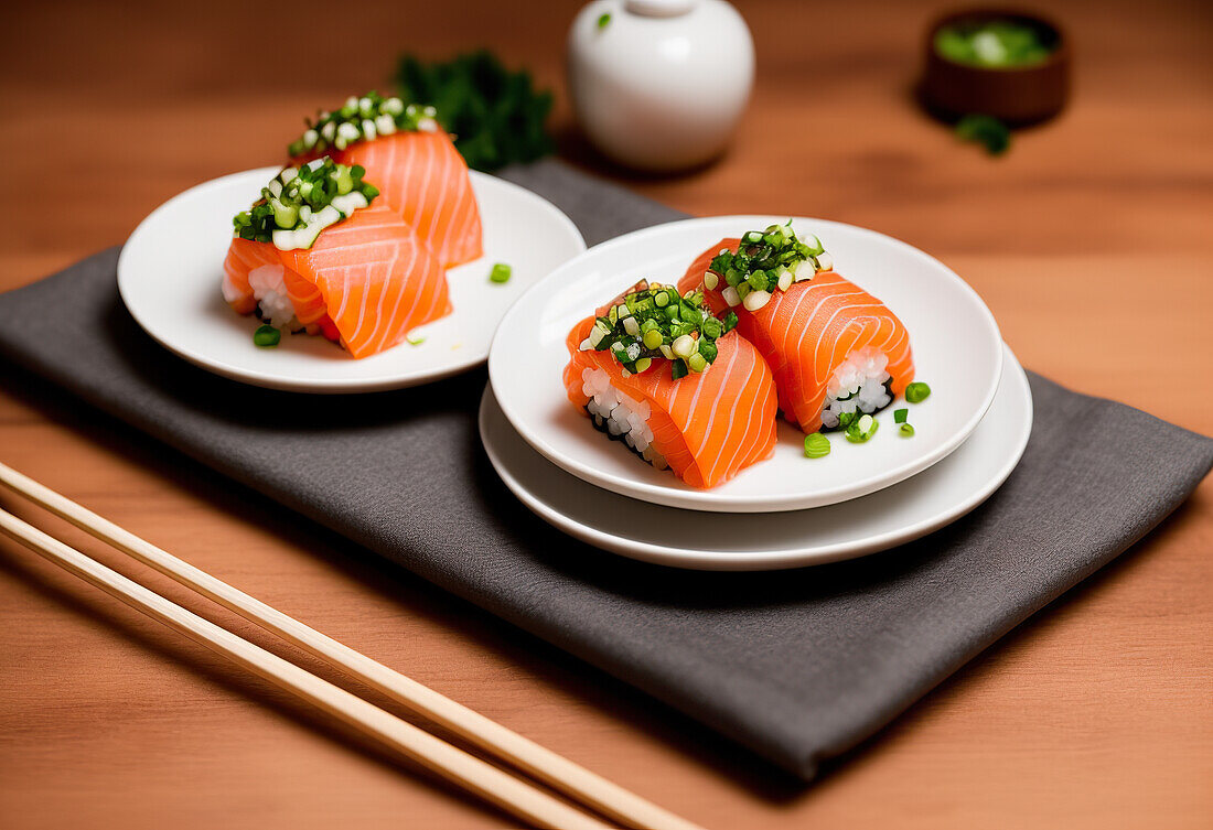 Appetitliche Sushi-Rollen mit Reis und frischem Lachs, serviert auf weißem Teller mit Limettenstücken