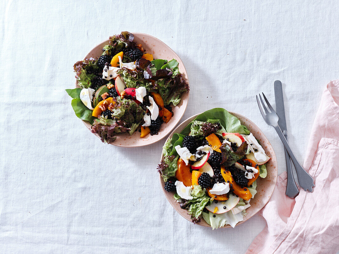 Top view with two plates of salad with roasted squash, berries and goat cheese. Vegetarian festive dinner.