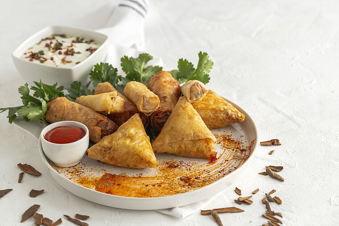 Traditional homemade assortment of moroccan food snacks on white background. Typical Arab food. Halal concept
