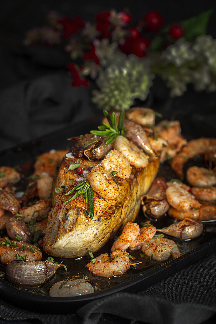 From above of black tray with appetizing baked swordfish served with prawns and confit garlic