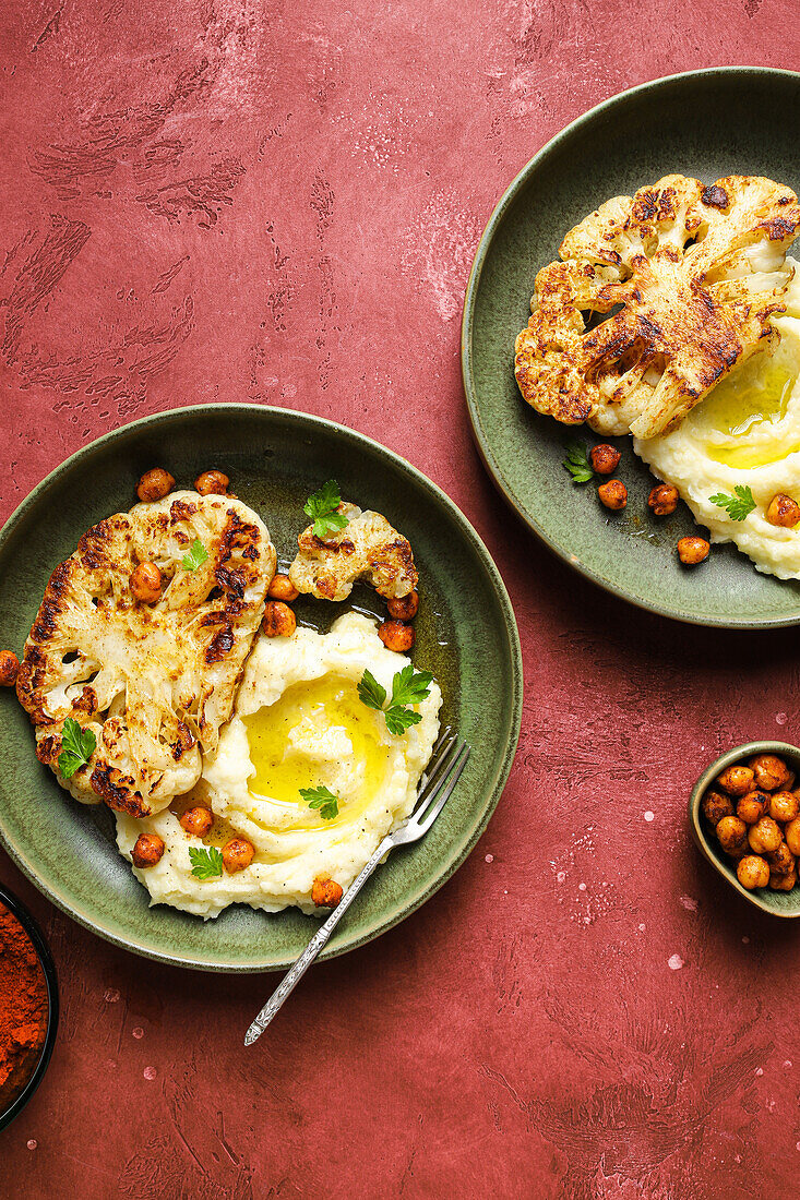 Top view of delicious roasted cauliflower with mashed potatoes and spiced harissa chickpeas served on ceramic plate on red table background