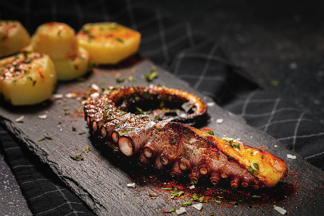 From above of fried octopus tentacle and pieces of potato served with spices on black board on table