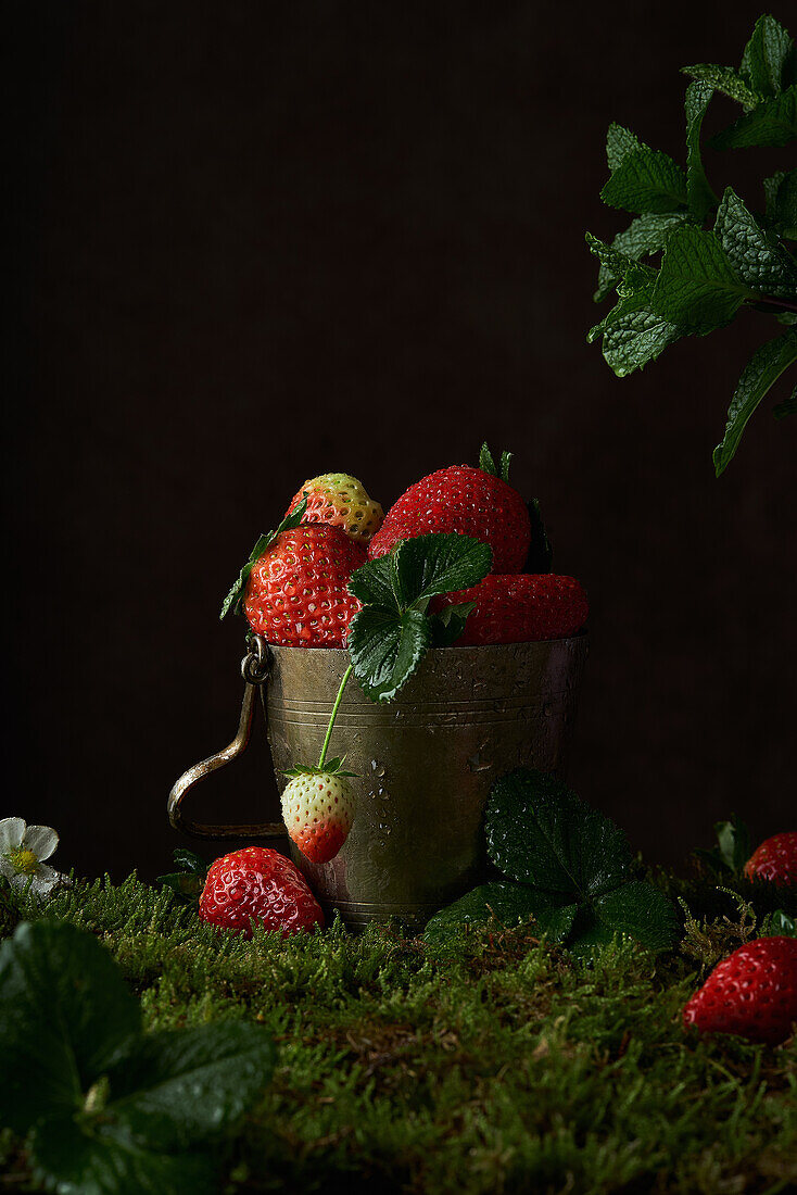 Komposition mit frischen reifen roten Erdbeeren mit Minzblättern in einer Metallschale auf dunklem Hintergrund