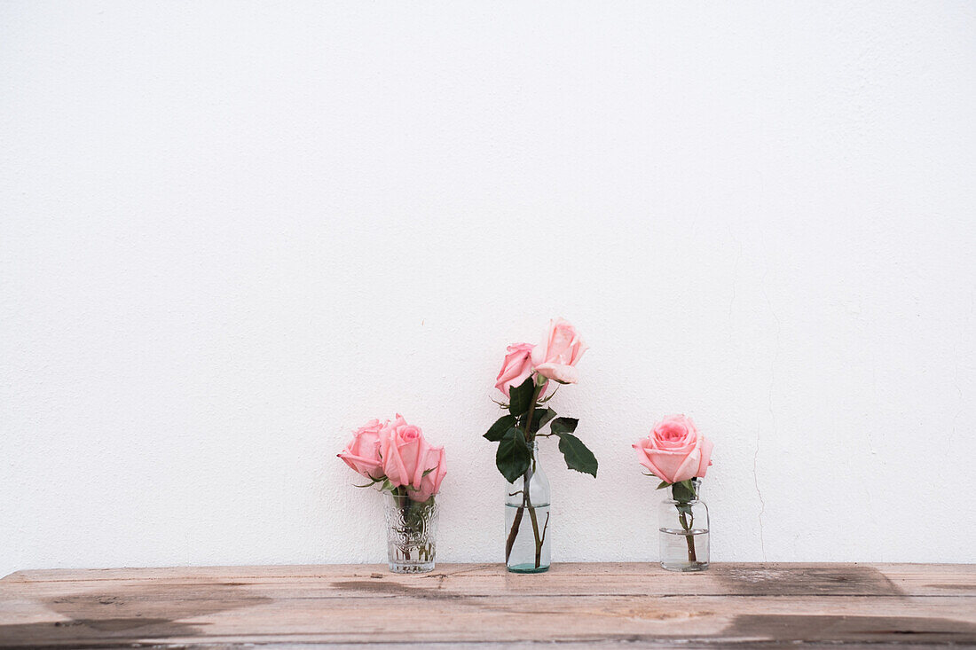 Pink roses inside glass vases placed on wooden surface against neutral background