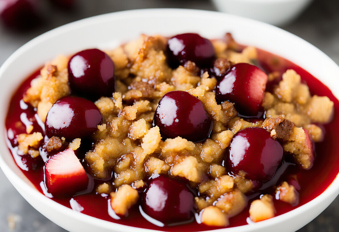 Appetizing sweet creamy dessert with cherries and crumbs in white bowl