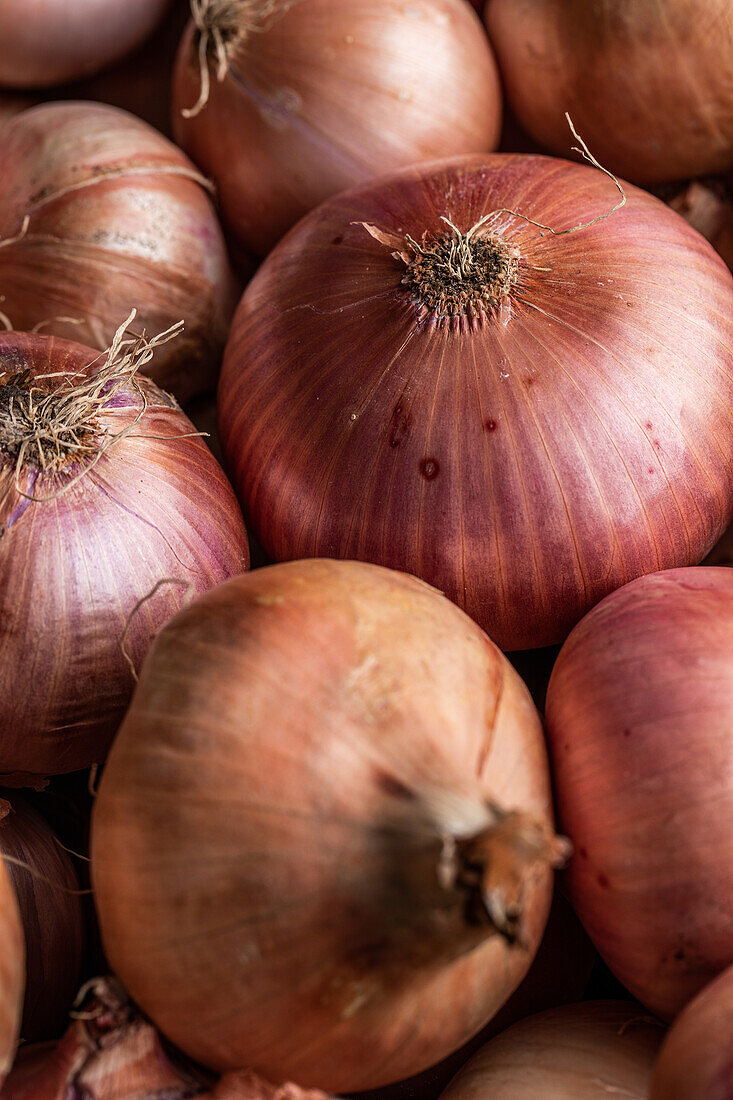 Full frame background of various colorful fresh onions placed together in local market