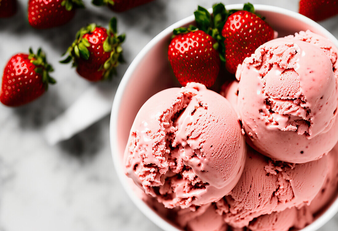 Top view of frozen appetizing ice cream scoops with fresh strawberries in white bowl