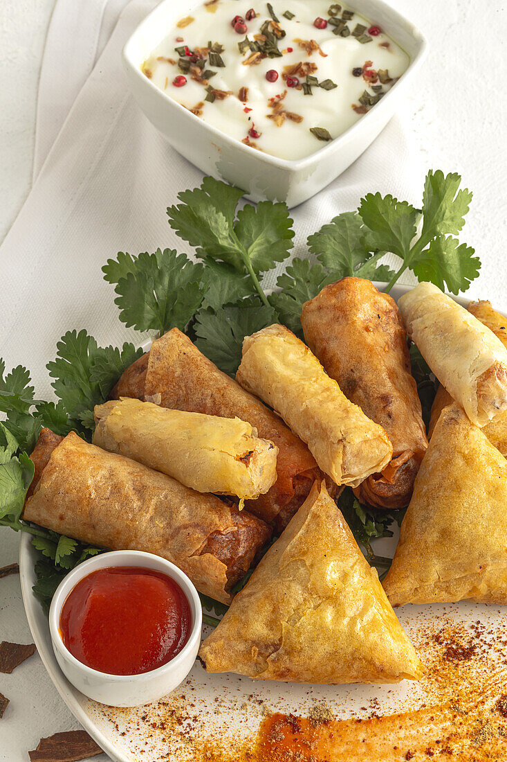 Traditional homemade assortment of moroccan food snacks on white background. Typical Arab food. Halal concept