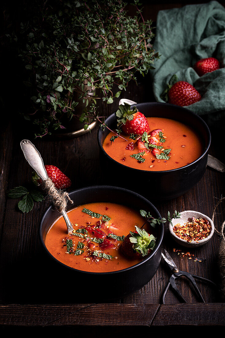 From above composition with delicious homemade tomato and strawberry Gazpacho soup served in bowls on rustic wooden table