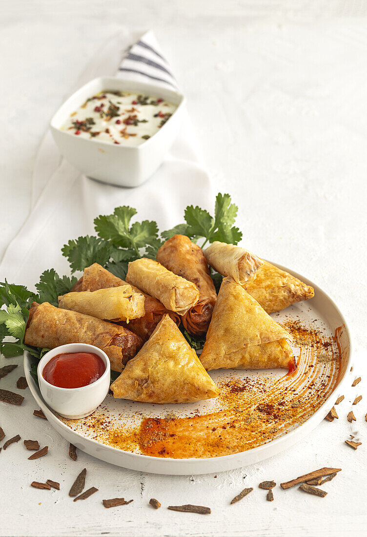 Traditional homemade assortment of moroccan food snacks on white background. Typical Arab food. Halal concept