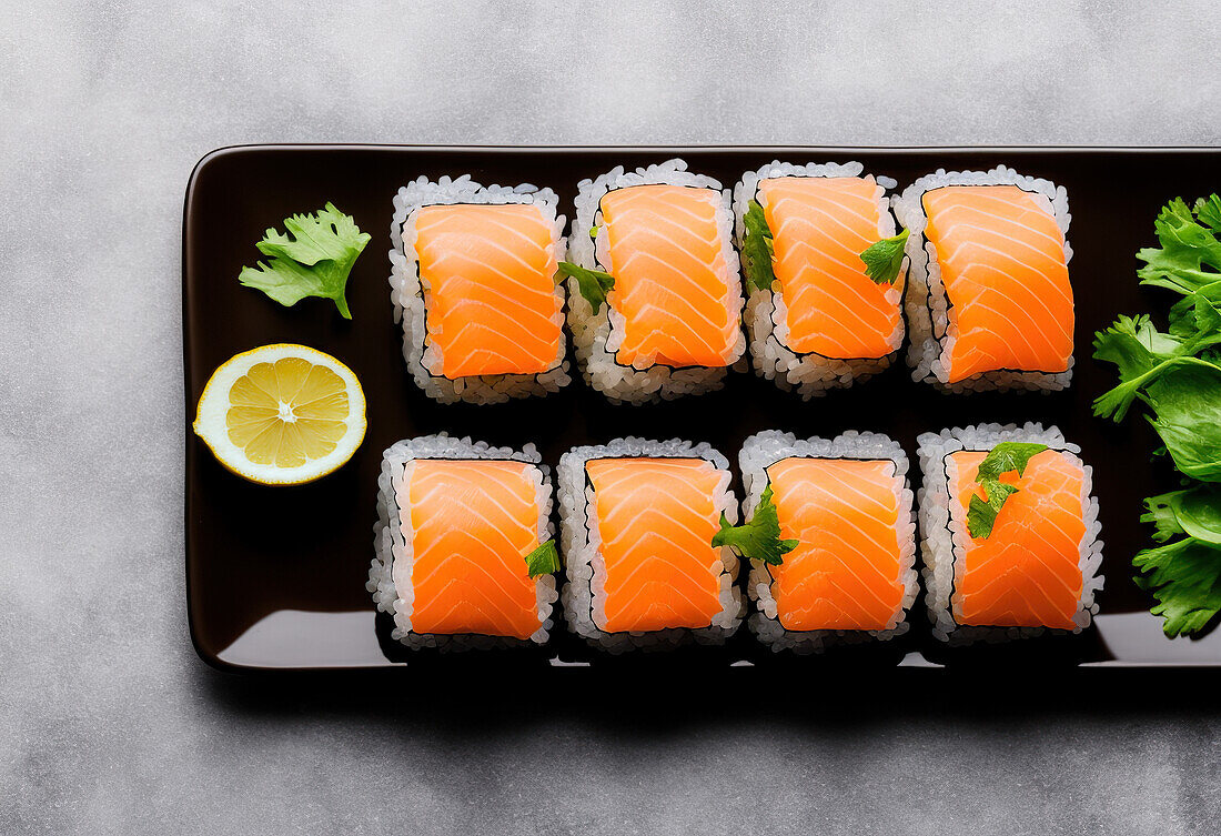 Appetizing sushi rolls with rice and salmon served on plate near lemon slice