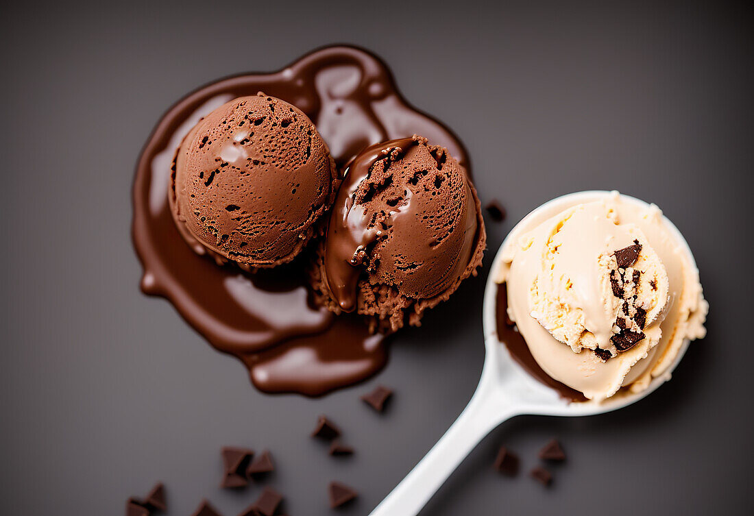 Draufsicht auf appetitliches Schokoladeneis, serviert auf einem glasierten Löffel mit Vanillekugel auf einer grauen Fläche mit Schokoladentropfen