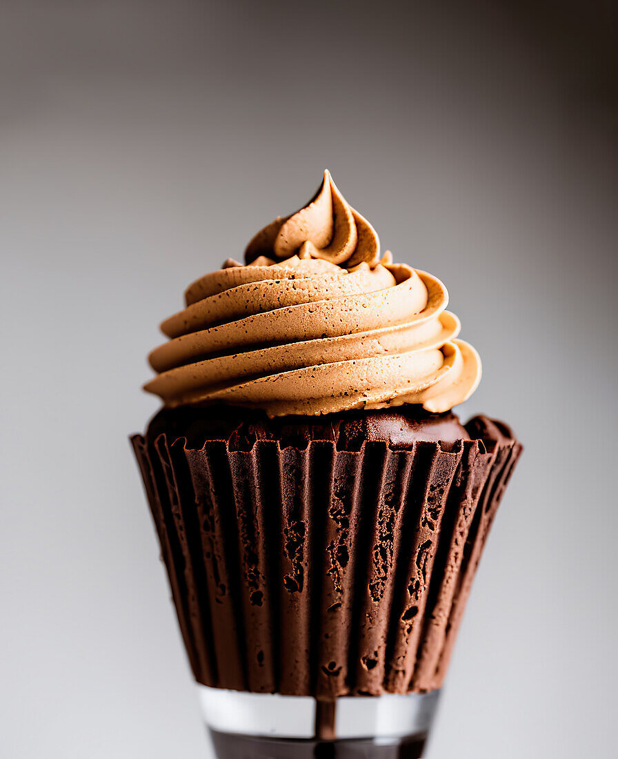 Tasty sweet baked chocolate cupcake with whipped cream on gray background in studio
