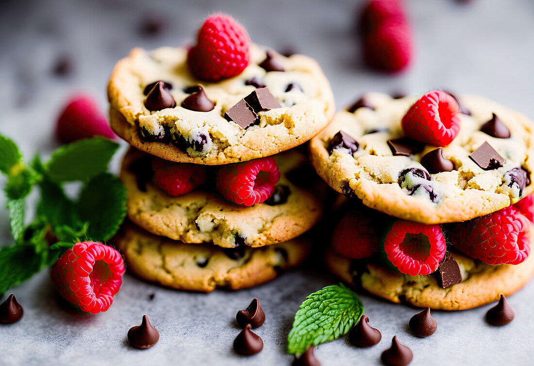 Delicious sweet yummy cookies with chocolate chips and raspberries placed on gray table