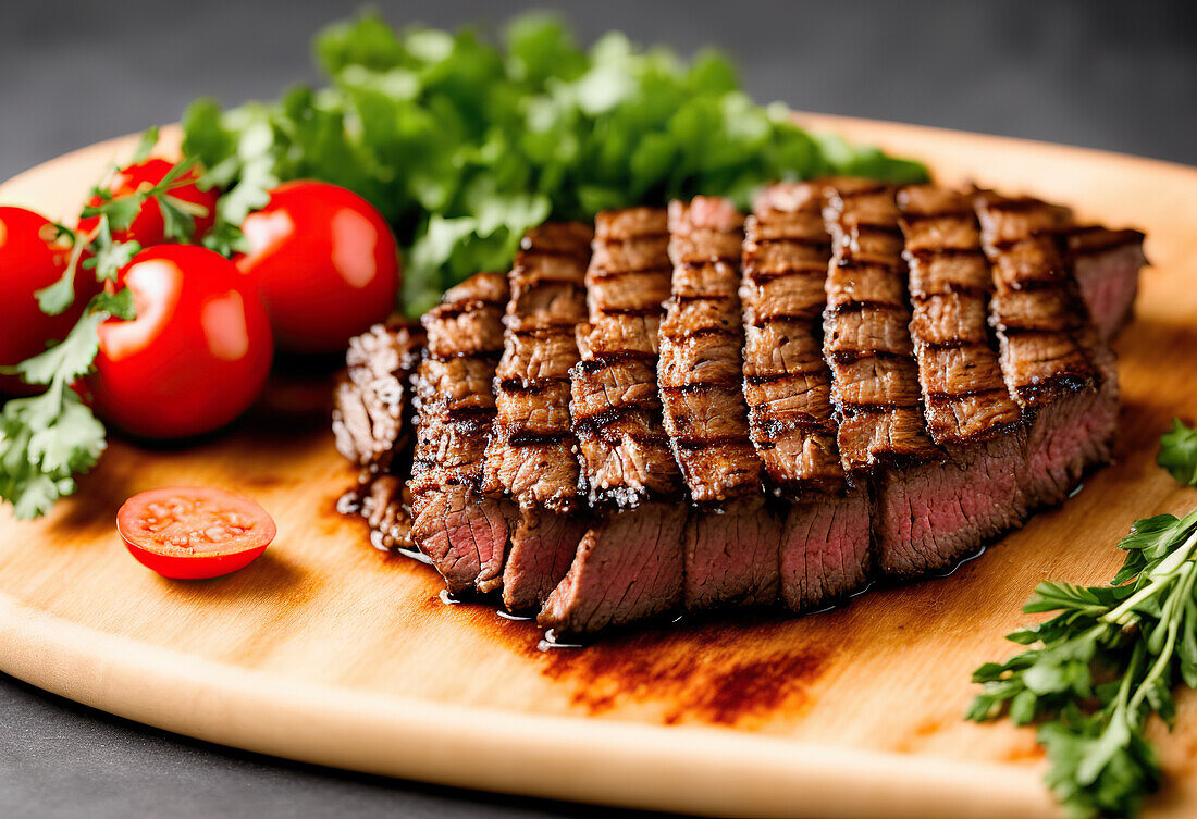Generative AI image high angle of delicious sliced roast beef served on black plate with cherry tomatoes on wooden cutting board