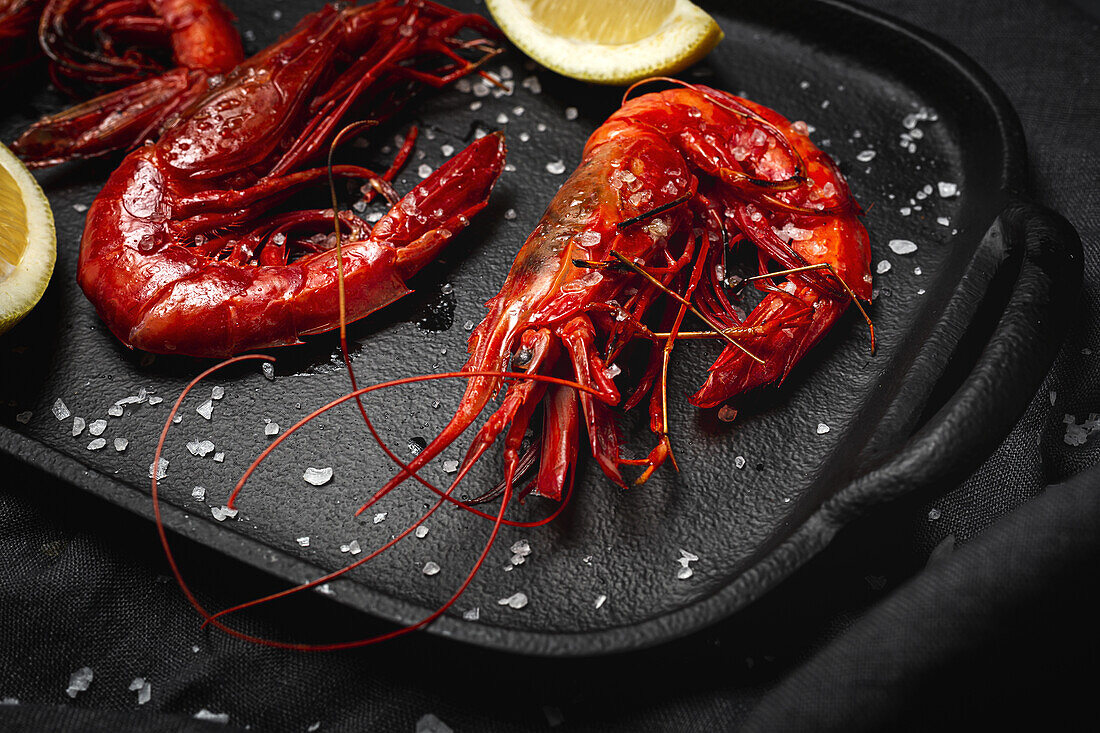 Delicious cooked red prawns on tray with coarse salt and juicy lemon pieces on dark background