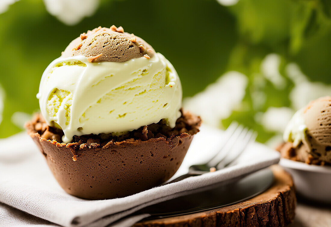 Appetitanregende süße Eiskugel in einer Schokoladenschale auf einem weißen Teller mit Gabel