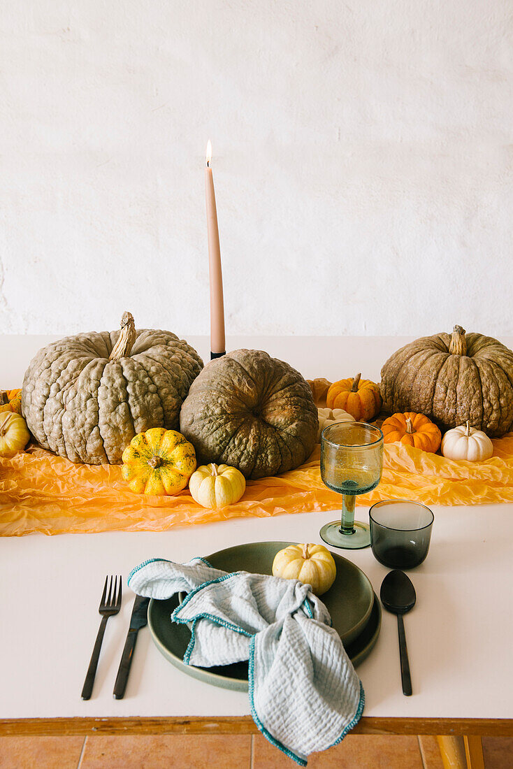 Glasses and plate with napkin served on table decorated with assorted pumpkins during Halloween celebration