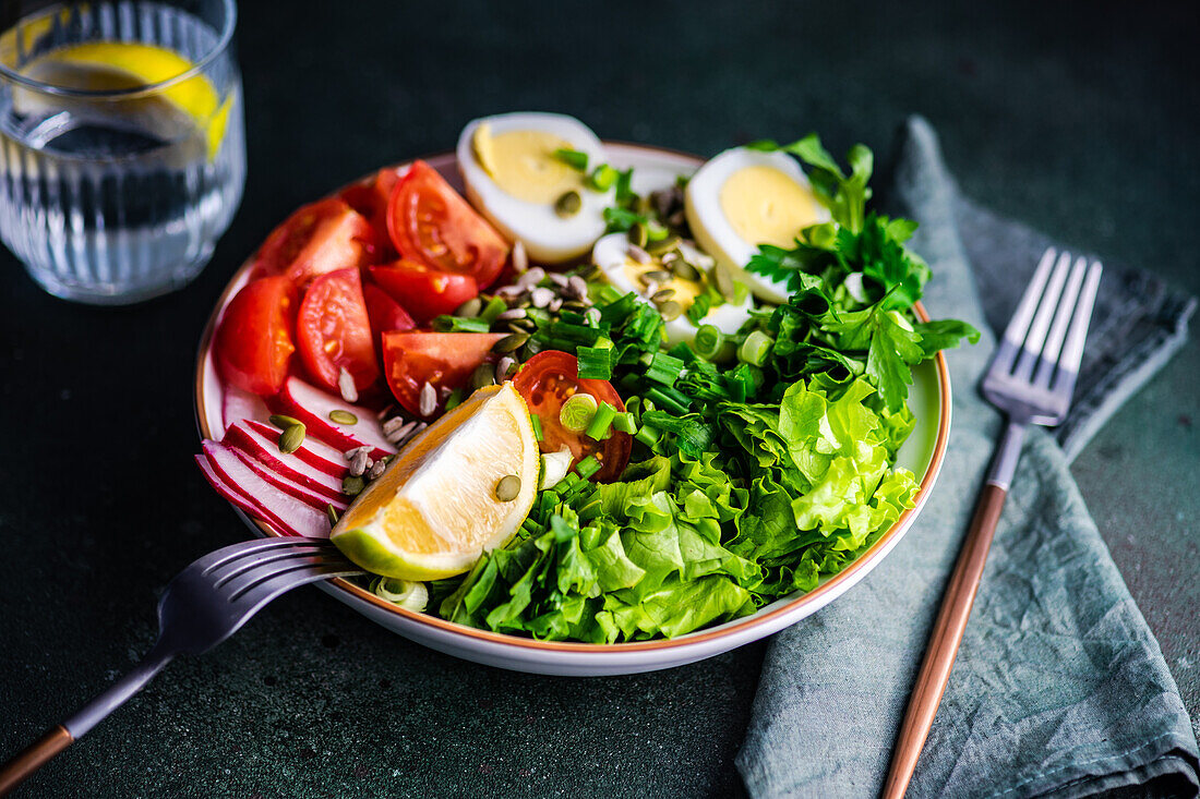 Healthy raw vegetable salad with seeds and boiled eggs served in the bowl on concrete table