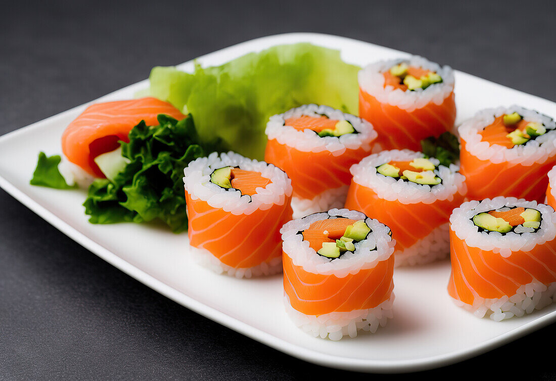 Appetitliche Sushi-Rollen mit Reis und frischem Lachs, serviert auf einem weißen Teller mit grünen Salatblättern