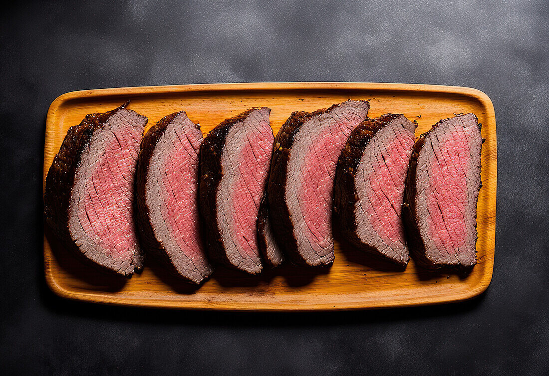 Generative AI image top view of appetizing sliced medium rare steak served on wooden tray placed on black table