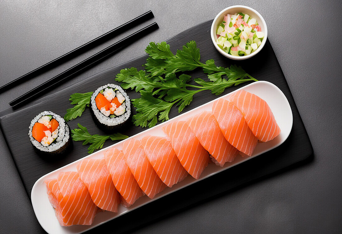Top view of appetizing sliced salmon sashimi served on plate with sushi rolls and greenery placed near chopsticks on table