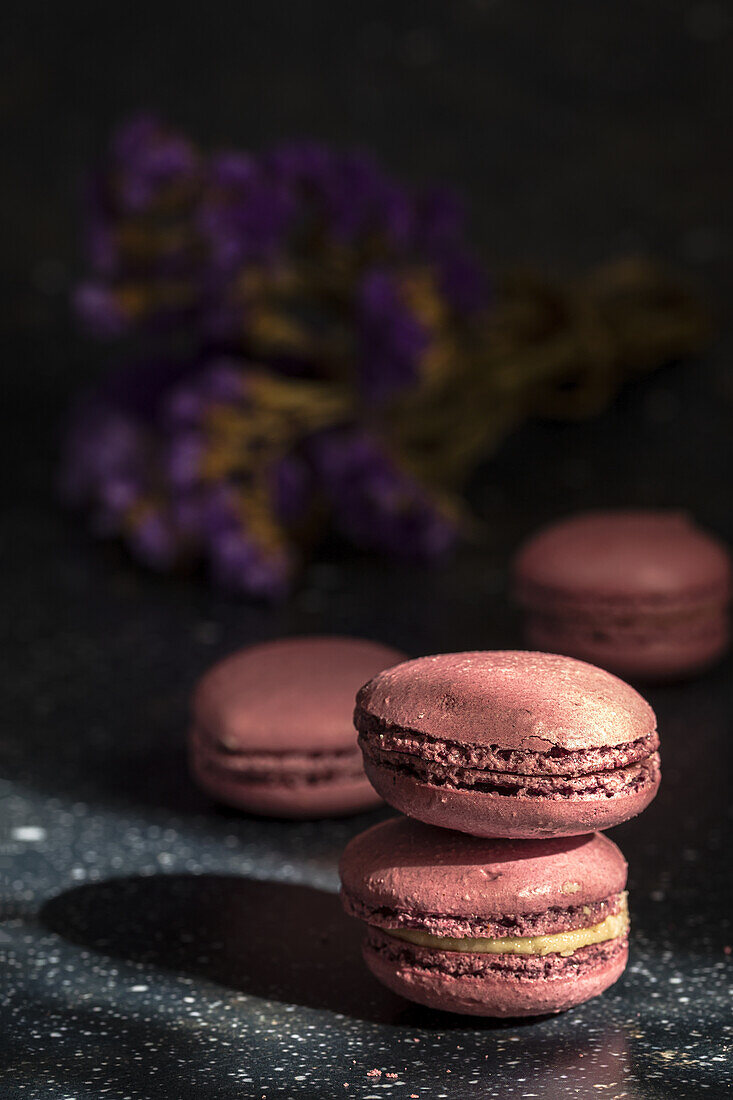 From above pair of delicious sweet macaroons of purple color stacked together on sunlit table in morning