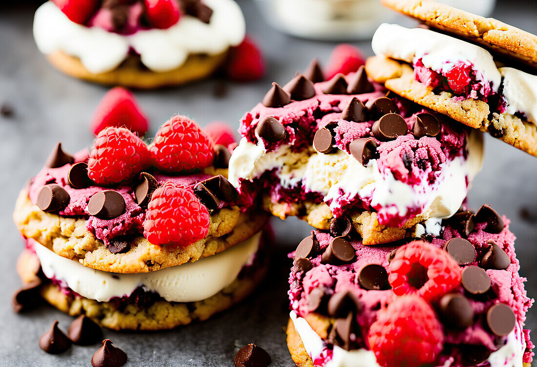 Appetizing sweet cookie sandwiches with cream and chocolate drops served with ice cream and raspberries