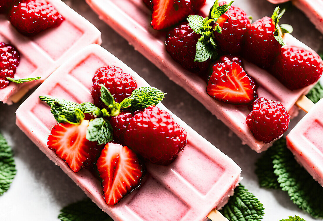 Top view of delicious ripe strawberries and mint leaves placed on pink chocolate bars