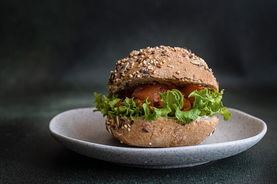 Healthy snack with sour dough bread and salmon fish in sandwich