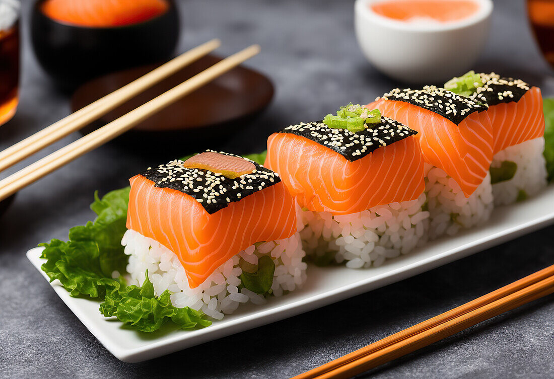 Appetitanregende Sushi-Rollen mit Reis und Lachs, serviert auf einem Teller mit grünen Salatblättern und Sesamkörnern, neben Stäbchen vor Schalen mit Soße