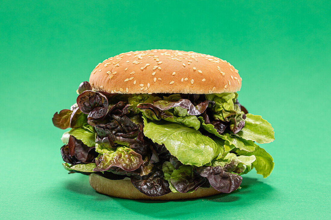 Frisches Burgerbrötchen mit einem Bündel frischer Mesclun-Blätter als Konzept für gesunde Ernährung vor grünem Hintergrund