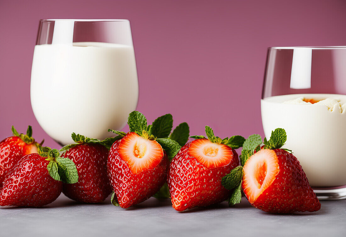 Fresh red ripe strawberries placed against transparent glasses of milk on pink background