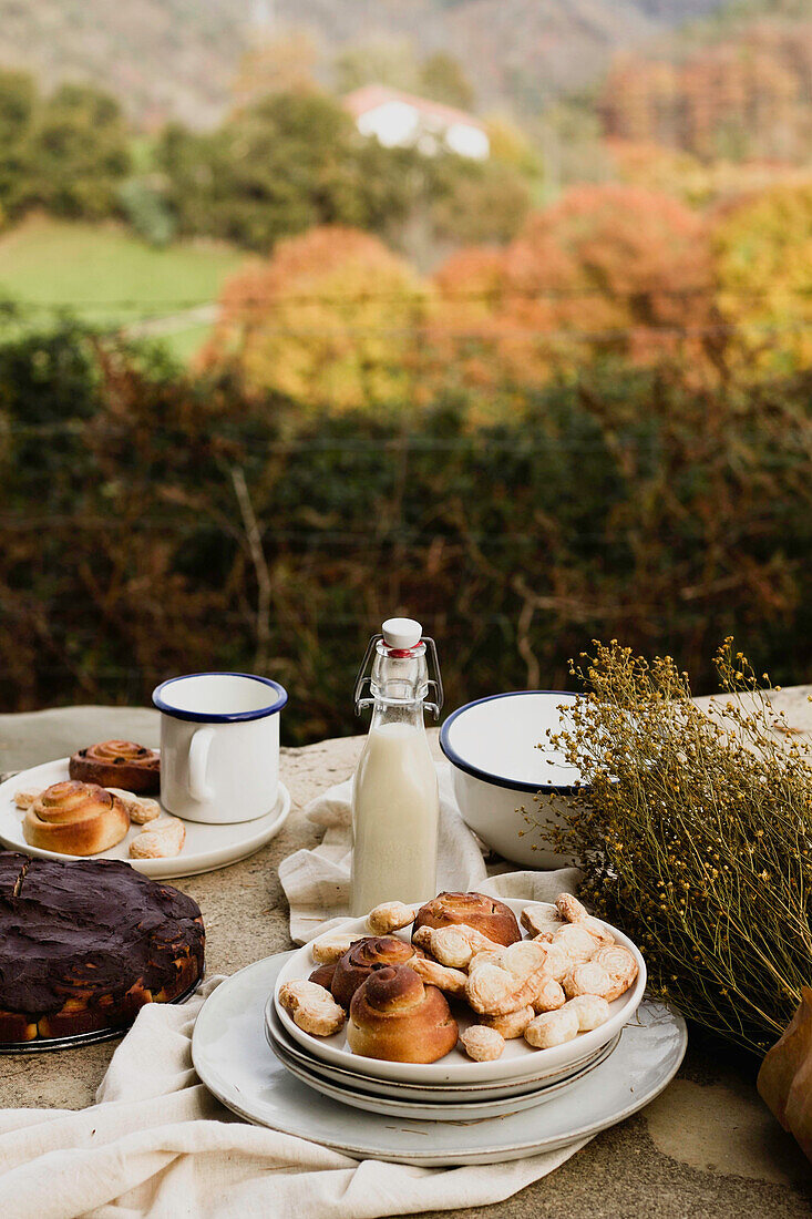 Hoher Blickwinkel auf leckeren Kuchen und Brötchen auf Keramiktellern in einer Komposition mit frischer Milch in einer Glasflasche neben einem duftenden Wildblumenstrauß auf einem Steintisch vor einer verschwommenen Landschaft mit bunten Bäumen