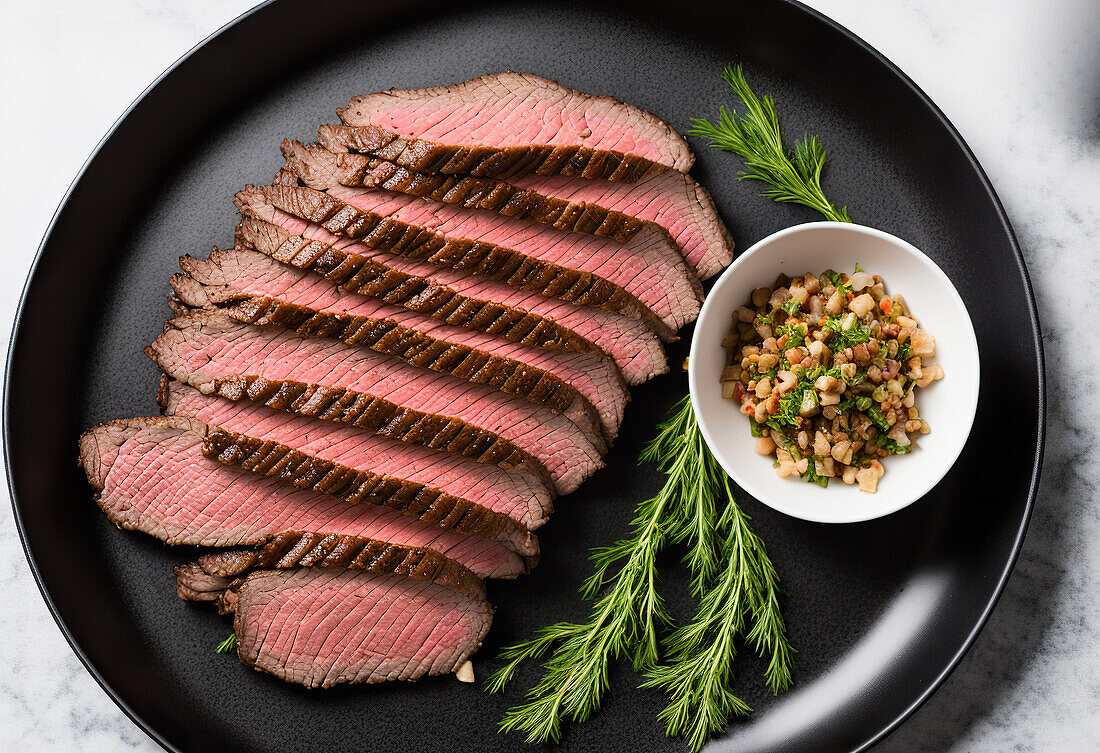 Generative AI image top view of delicious sliced roast beef served on black tray near bowl with lentil salad and dill placed on white marble table