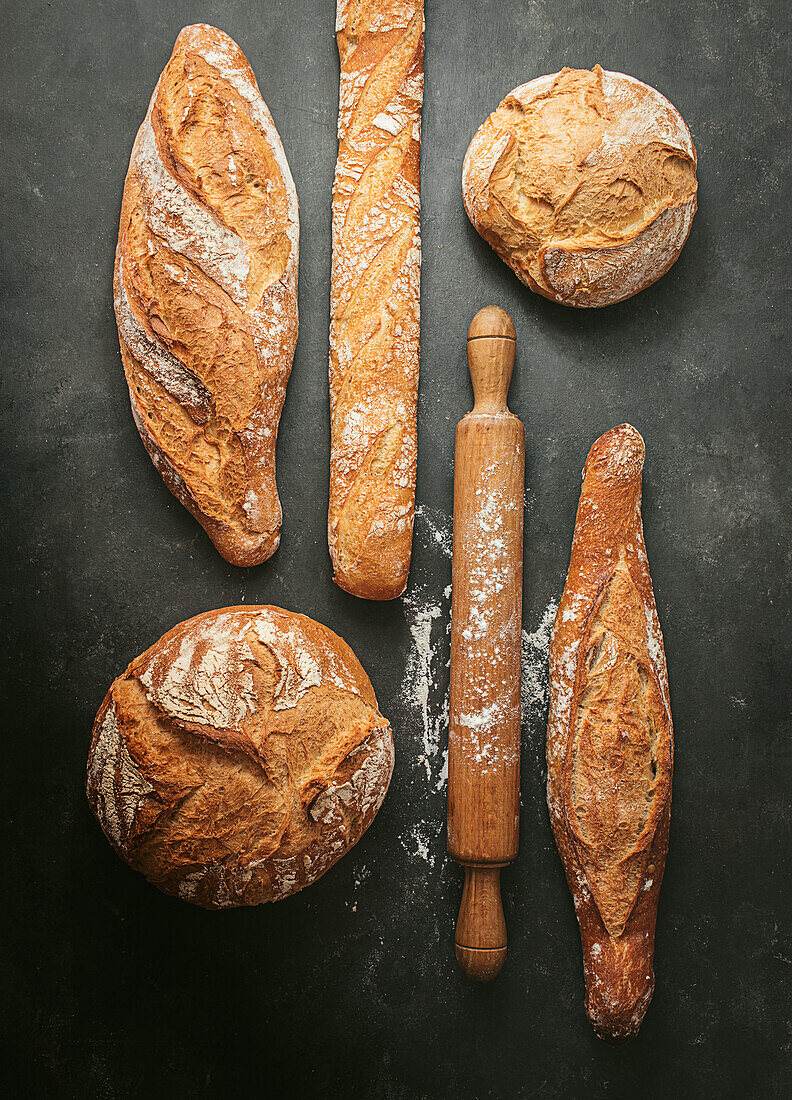 Komposition von oben mit verschiedenen Arten von frisch gebackenem, knusprigem, handwerklich hergestelltem Brot in verschiedenen Formen neben einem hölzernen Nudelholz auf schwarzem Hintergrund