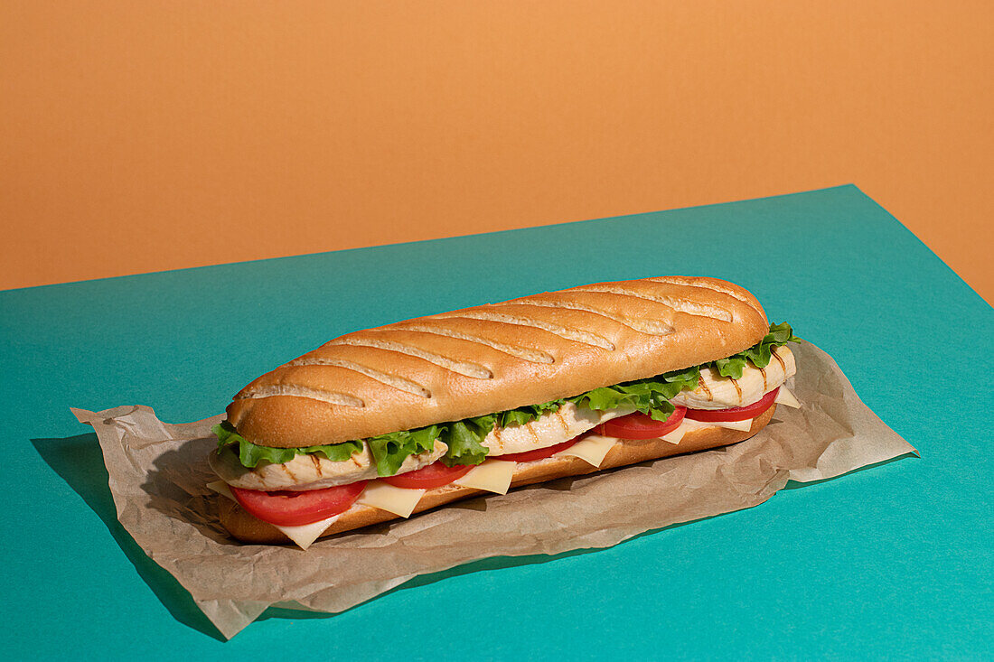 Von oben appetitliches Sandwich mit gegrilltem Hähnchen, frischem Salat und Tomaten auf Backpapier auf buntem Tischhintergrund serviert