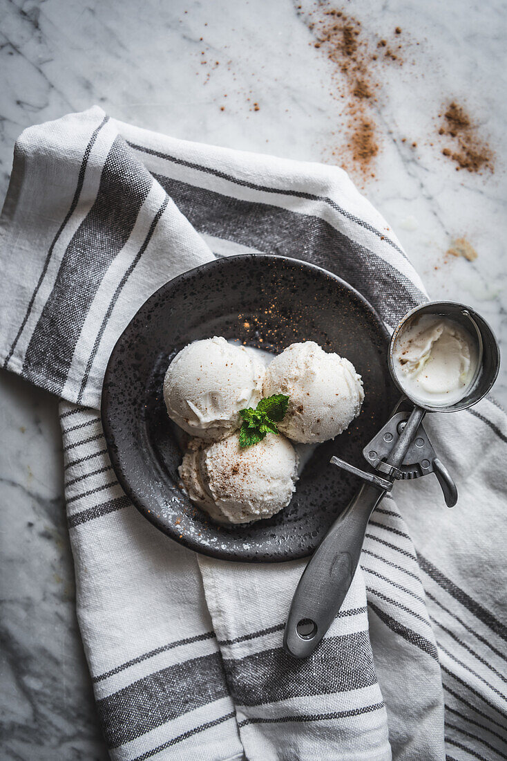 Draufsicht auf ein leckeres Gelato mit frischen Minzblättern und Zimtpulver in der Nähe eines Schöpfers auf einem Handtuch