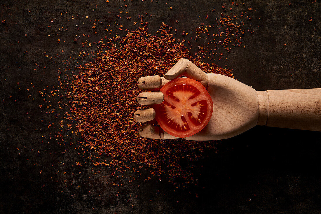 Top view composition with fresh red tomato slice in artificial wooden hand placed above ground sun dried tomatoes on black background