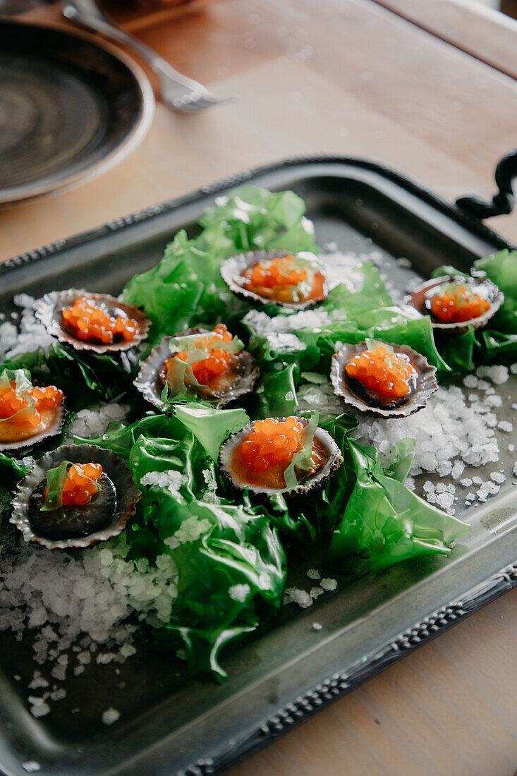 From above delicatessen exquisite oysters in shells with sea salt seaweed and caviar