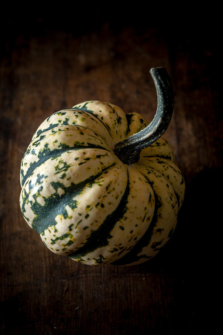 Von oben ganzer frischer dekorativer Sweet Dumpling Squash mit gestreifter Schale auf dunklem Hintergrund